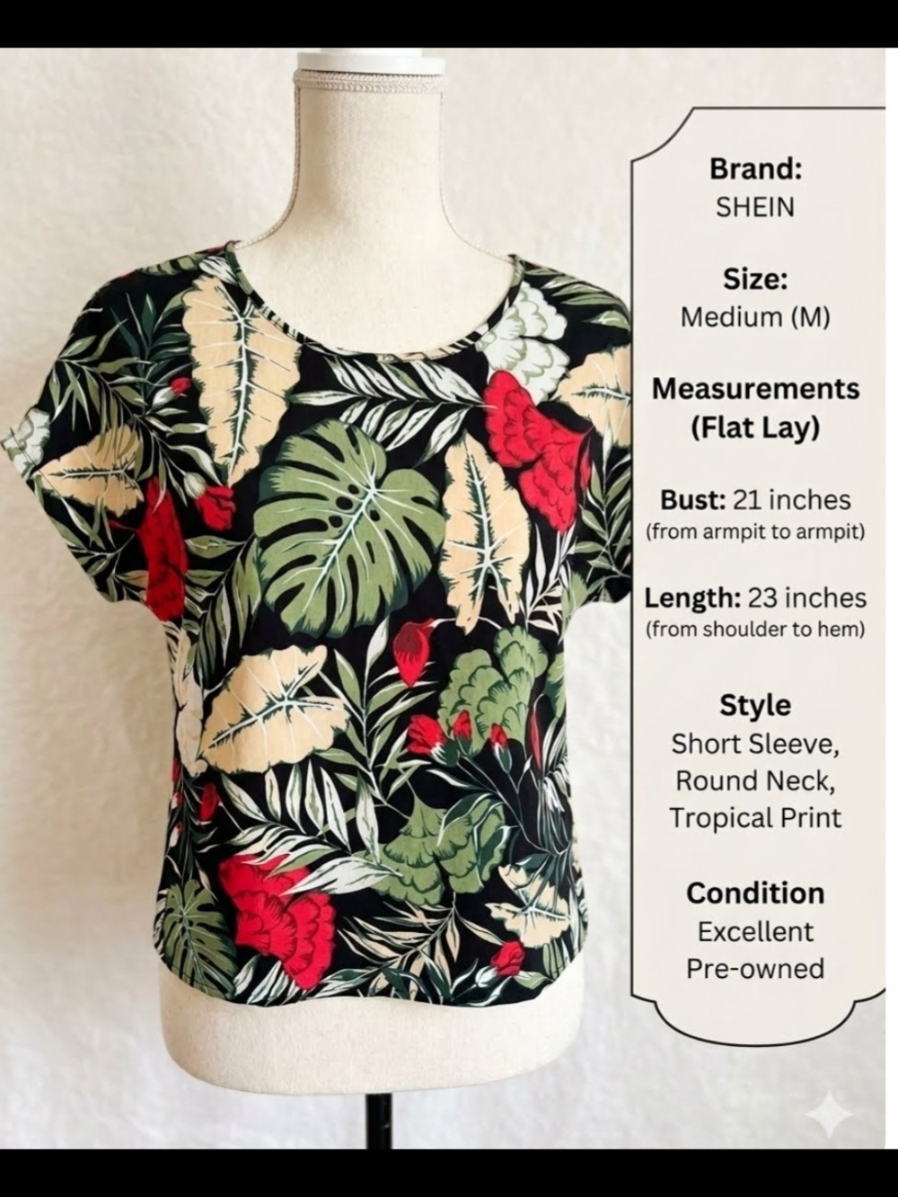 SHEIN Black Tropical Print Short Sleeve Top - Green & Red Leaf Motif M EUC
